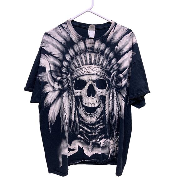 Vintage Indian Skull T Shirt Big Chief Black All Over Print Native America 2XL - Picture 1 of 7